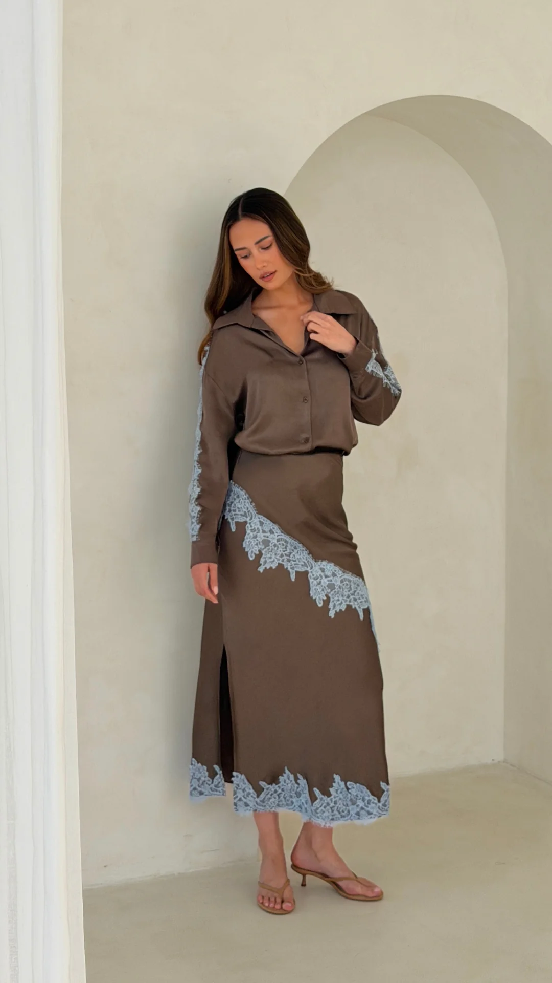 Amara Satin Lace Skirt - Chocolate - Image 5