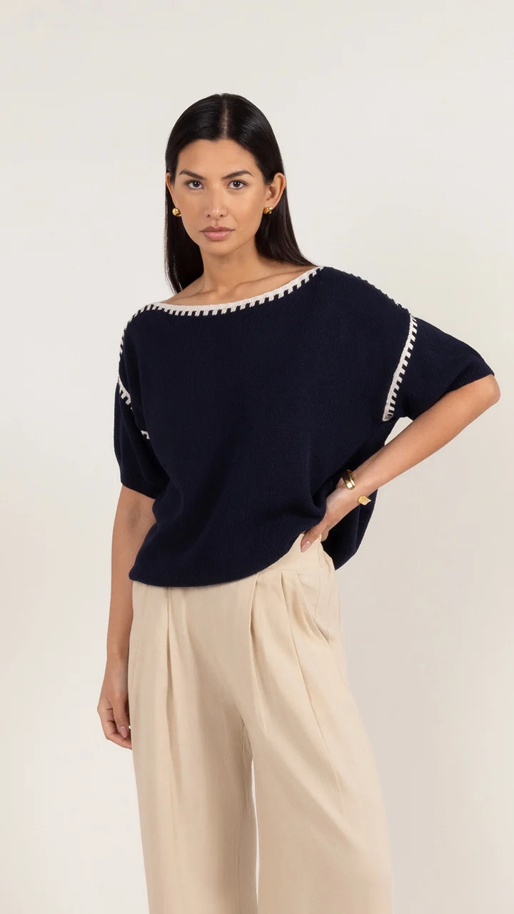 Billie Short Sleeve Cotton Knit - Deep Blue - Image 5