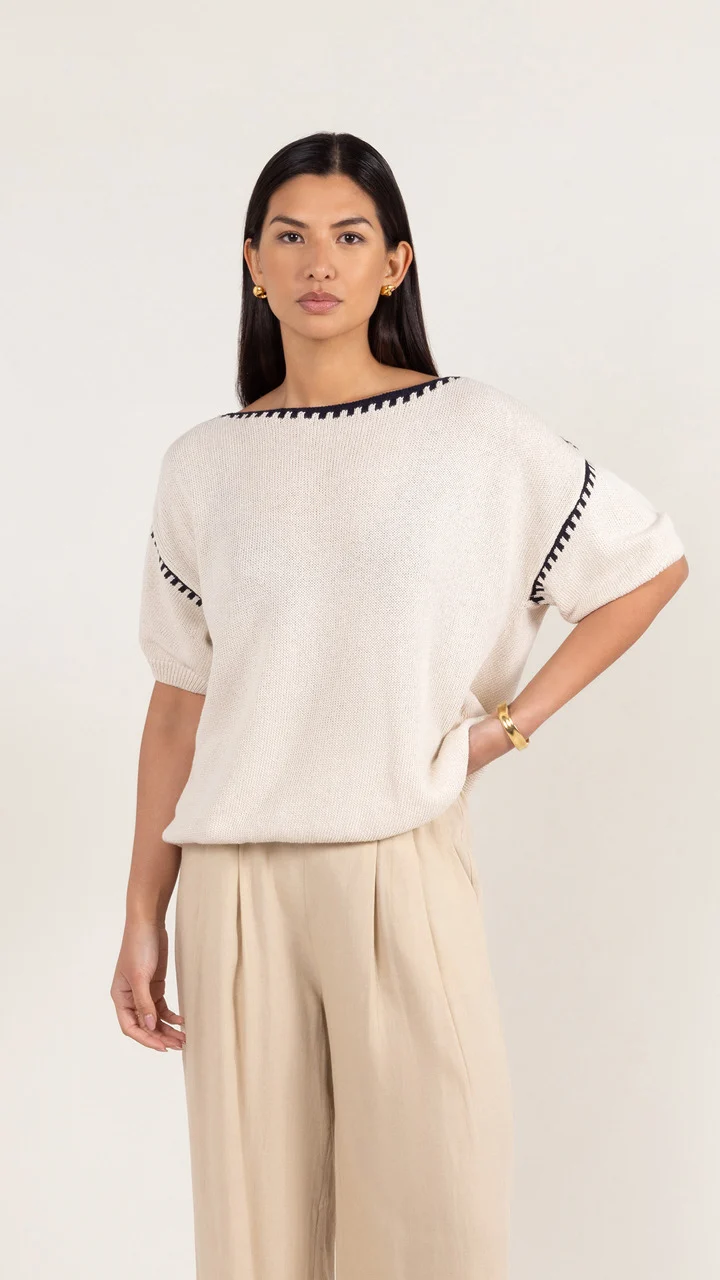 Billie Short Sleeve Cotton Knit  - Ecru - Image 6
