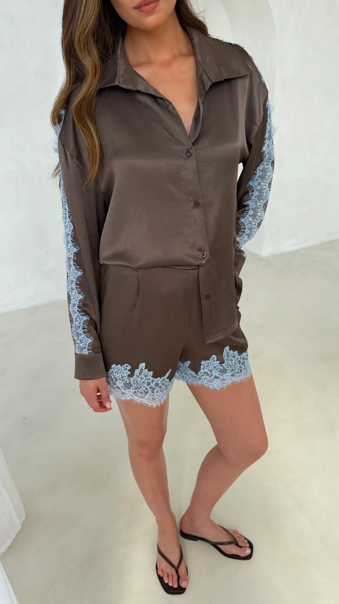 Cosima Satin Lace Shirt  - Chocolate - Image 2