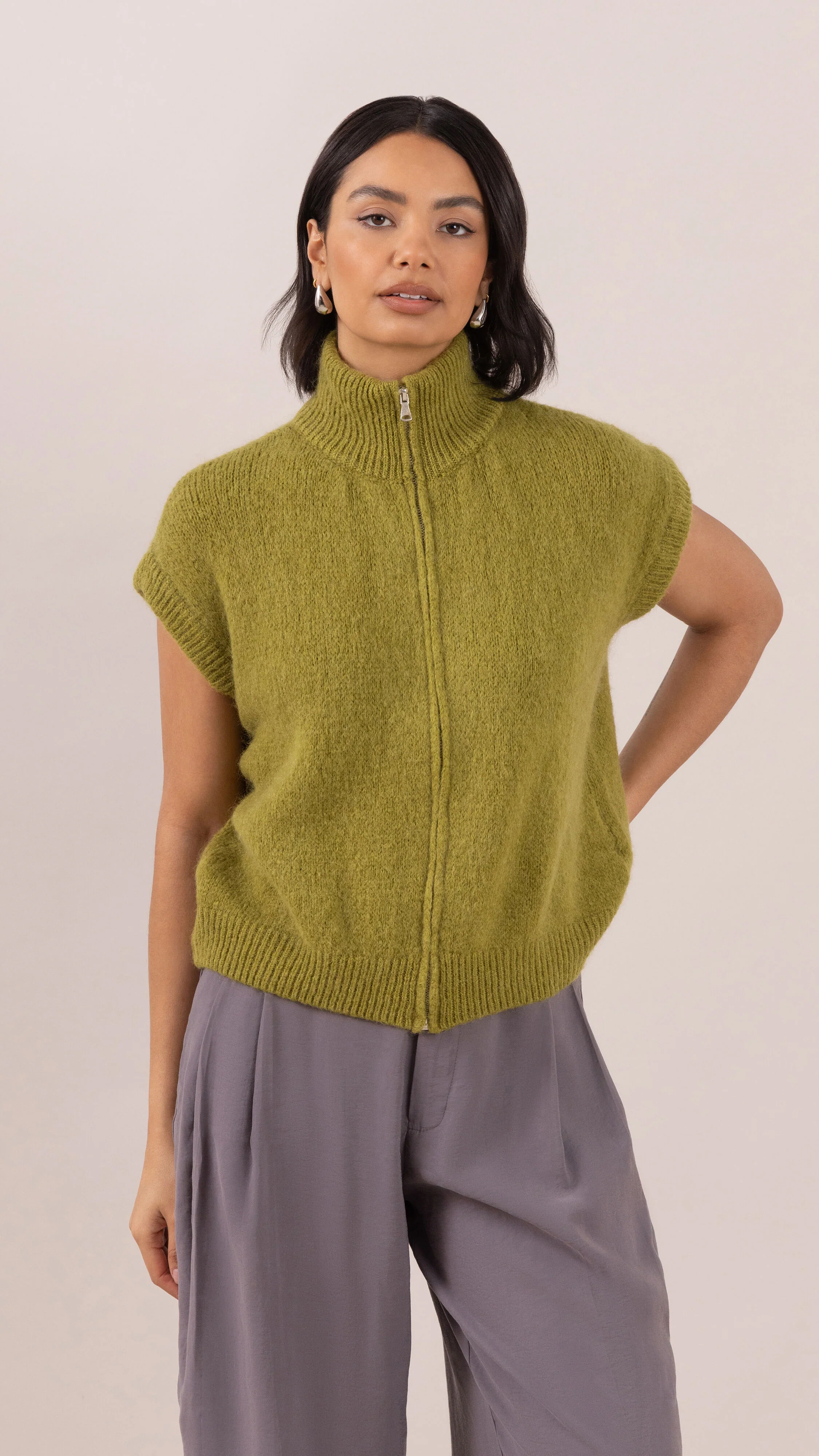 Leigh Sleeveless Zip Cardigan - Olive Green - Image 3