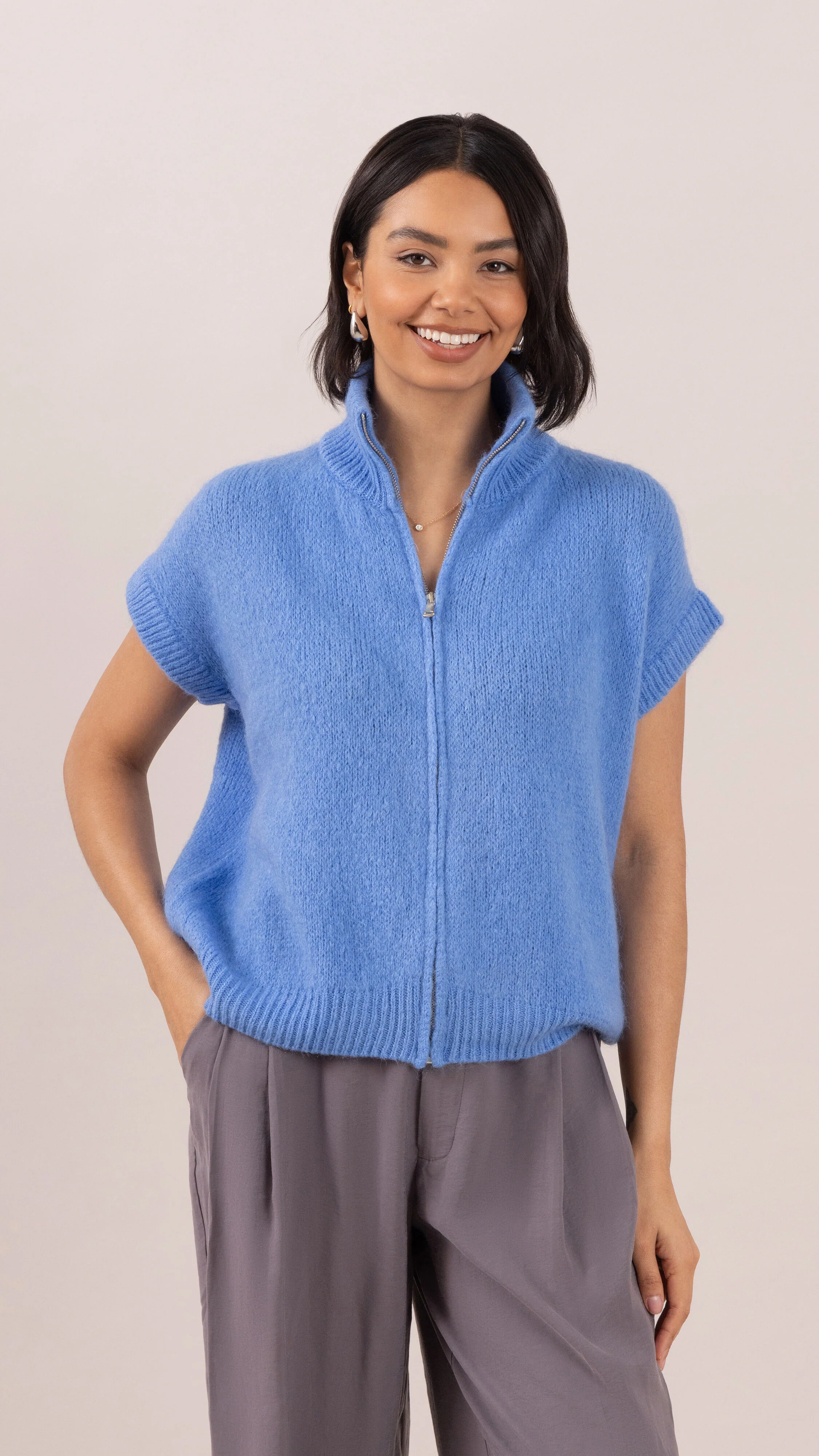 Leigh Sleeveless  Zip Cardigan - Sky Blue - Image 6