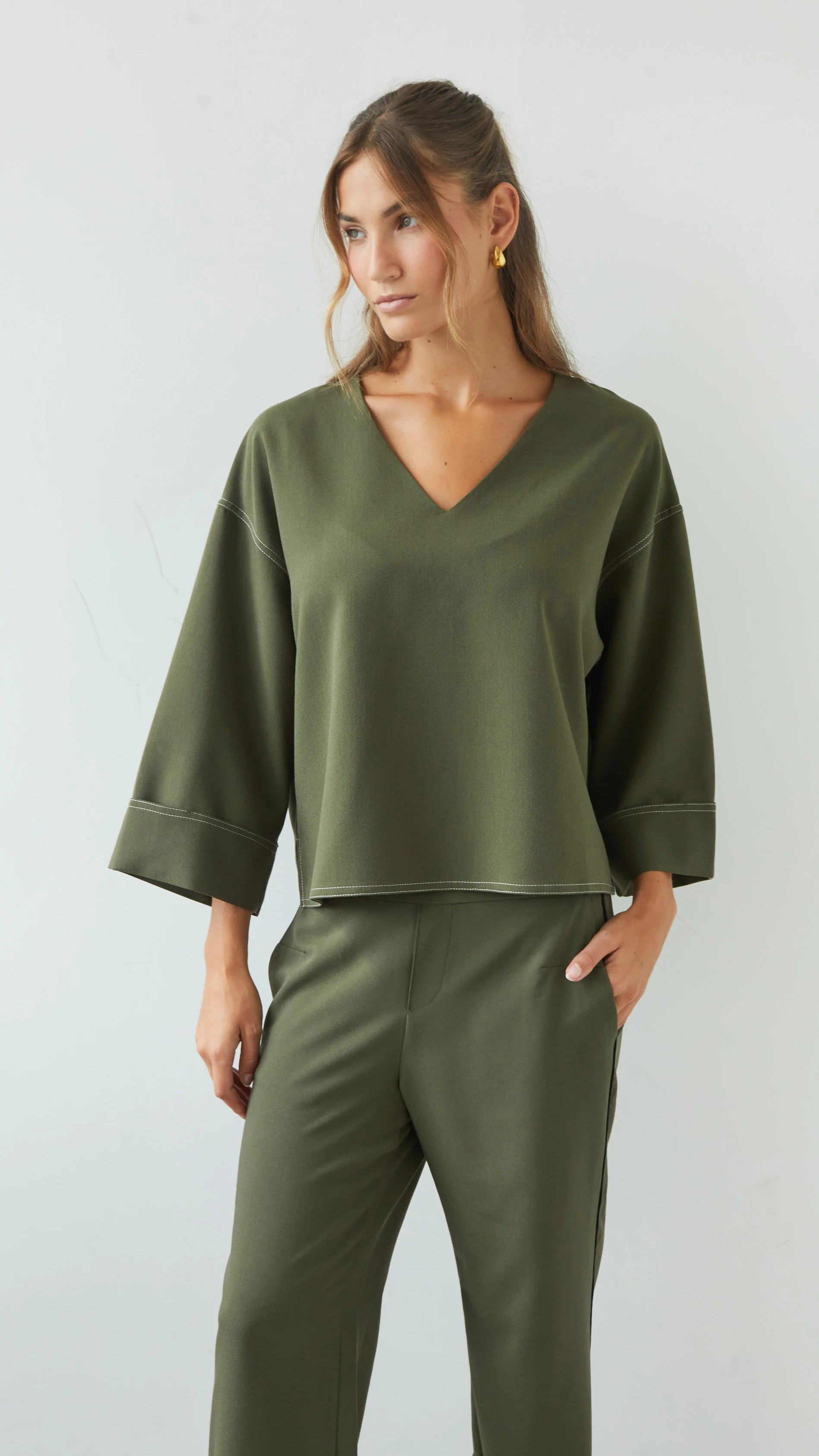 Olina V-Neck Crepe Top  - Khaki - Image 2