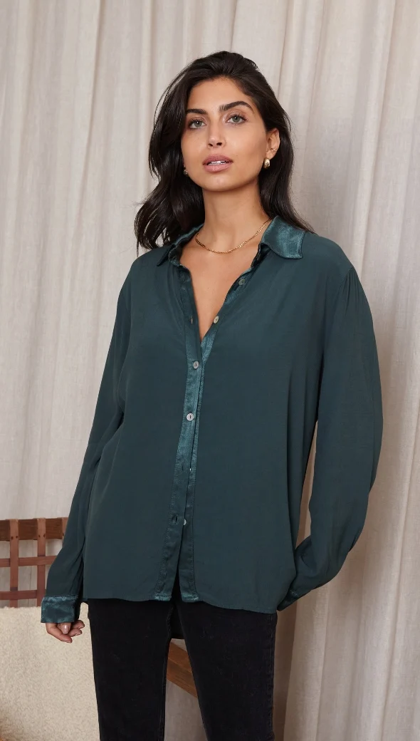 Romy Satin Crepe Shirt - Emerald - Image 5