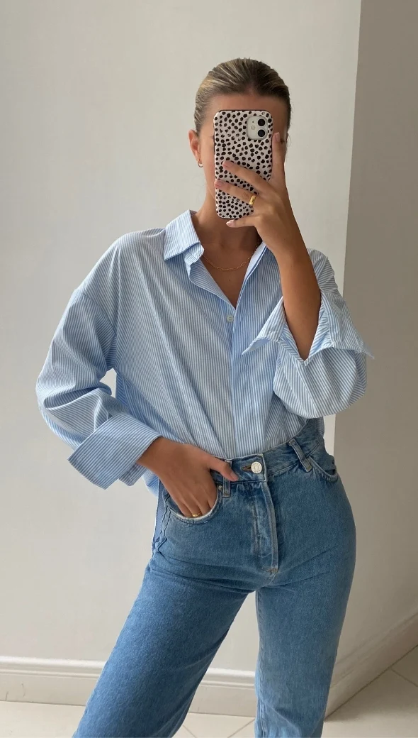 Tila Boyfriend Shirt - Blue Stripe - Image 6